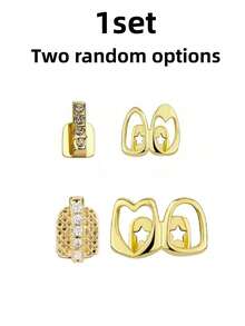 Gold Dental Grills Set, Hollow Heart Shape, Made Of Cubic Zirconia, Suitable For Daily Wear And Valentine's Day Gift, Hip Hop Style, Teeth - Multicolor - View 9