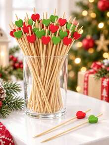 200/100pcs/Christmas Bamboo Skewers, 4.7 Inch Heart-Shaped Bamboo Toothpicks (Red, Green) - Used For Decorating Appetizers, Perfect For Winter, Birthday, Wedding, Cake Party And Fruit Decoration - Multicolor - View 7