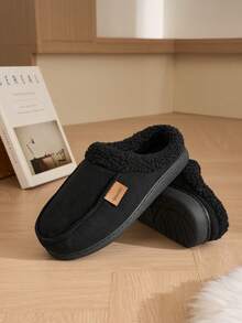 Unisex Winter Thermal Lined Slippers, Warm Soft Sole Comfortable Bedroom Indoor/Outdoor Fuzzy Slippers, Plush Retro Design Slippers - Black - View 4