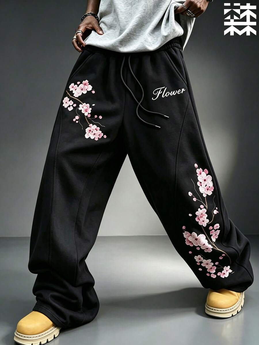 mulinsen Men's Sakura Embroidered Letter Print Wide Leg Pants, Drawstring Elastic Waist Loose Street Style With Pockets Long Casual Pants - Black - View 1