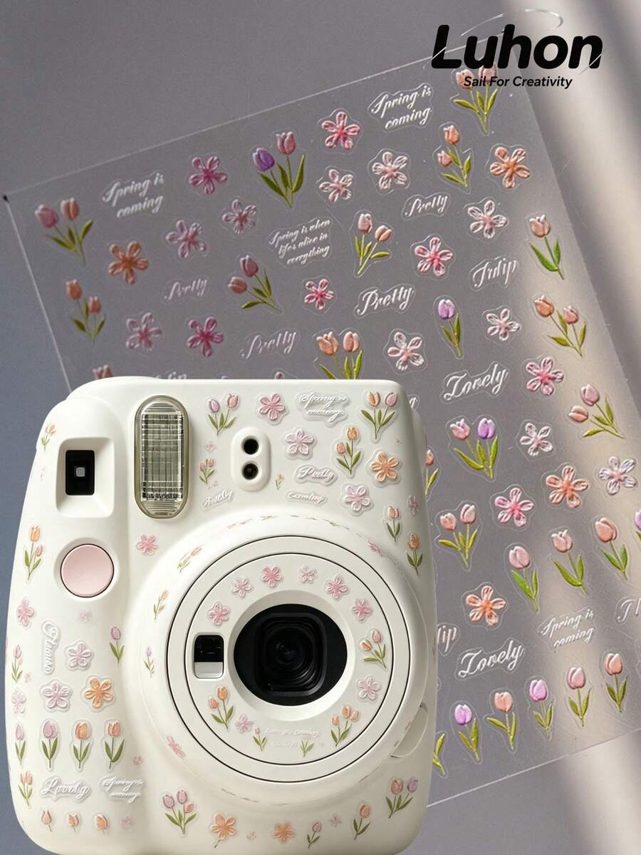 1 Set Tulip Flower & Rabbit Star Decor Stickers, Embossed Floral And Silver Metal Outline Transparent PET Decals, Spring Aesthetic Small Pattern Stickers For Phone, Camera, Water Bottle, Notebook, Headphones DIY Craft Accessories - Embossed Tulip - View 1