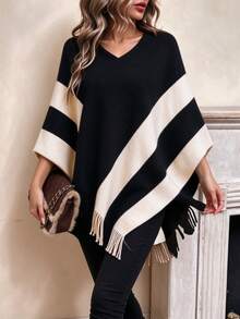 Women's Knit Shawl Cape, Contrast Stripes, Tassel Hem, One Size Multi-Way Wear, Elegant Loose Outer Layer, Autumn/Winter Essential - Black - View 2