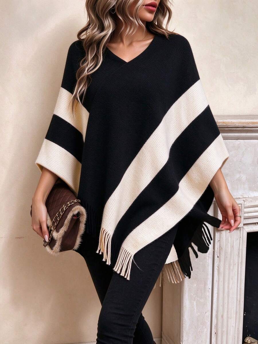 Women's Knit Shawl Cape, Contrast Stripes, Tassel Hem, One Size Multi-Way Wear, Elegant Loose Outer Layer, Autumn/Winter Essential