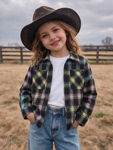 Young Girls Vintage Casual Plaid Long Sleeve Shacket, Comfortable Button-Up Lapel Cardigan Top, Suitable For Daily Wear, Autumn And Early Spring Outfits - Multicolor - View 2