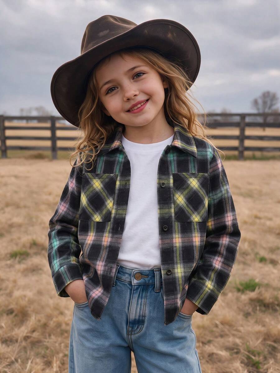 Young Girls Vintage Casual Plaid Long Sleeve Shacket, Comfortable Button-Up Lapel Cardigan Top, Suitable For Daily Wear, Autumn And Early Spring Outfits