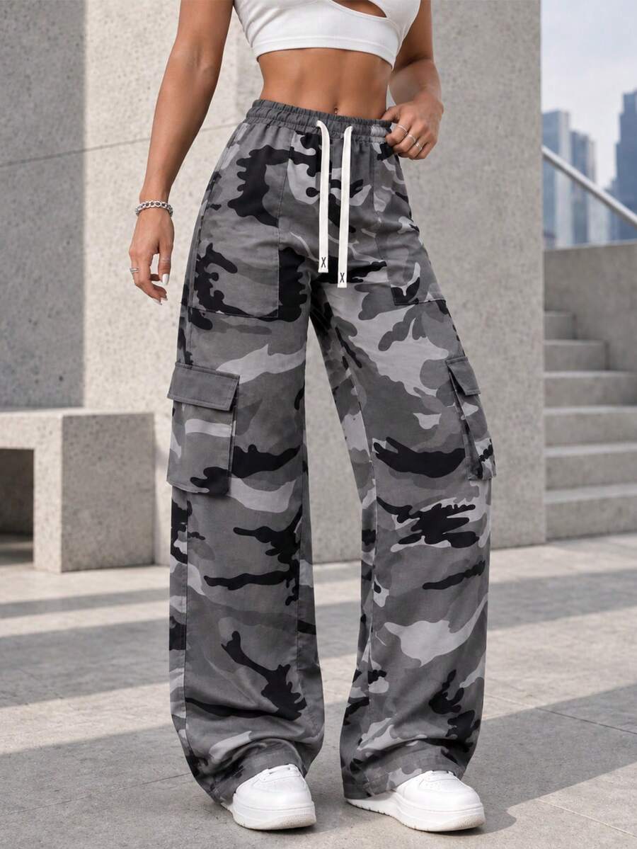 Gray Camo Cargo Pants For Women Elastic Drawstring Waist Side Flap Pockets Relaxed Wide Leg Casual Trousers. - Grey - View 1