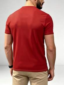 2026 New Men Red Christmas Tee, Cool Buff Santa Graphic Henley Short Sleeve Shirt, Holiday Gathering Outfit - Multicolor - View 4