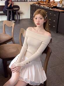 2026 Pure Desire Style Off Shoulder Folded Ribbed Knit Long Sleeve, Off-Shoulder Slim Fit Cropped Base Layer, Wide Folded Ribbed Off Shoulder Collar, High Elastic Vertical Rib Texture Slimming Sexy Cropped Top - Apricot - View 4