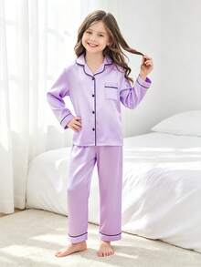 2pcs Tween Girl Lavender Long Sleeve & Pants Pajama Set - Multicolor - View 3