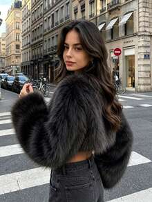 DEEKA Autumn/Winter New Women's European And American Style Fashion Minimalist Versatile Faux Fur Effect Sweatshirt - Black - View 2