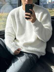 Autumn/Winter New Unisex American Street Style Casual Versatile Solid Color Minimalist Pullover Knit Sweater - White - View 3