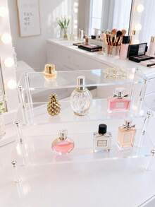 Haus Hana 1pc Acrylic Tiered Display Stand, 3-Tier Trapezoid Display Rack, Home Storage & Display Shelf For Jewelry, Cosmetics, Transparent Multi-Layer Storage Display Rack, Cake Stand, Perfume Stand - Clear - View 1
