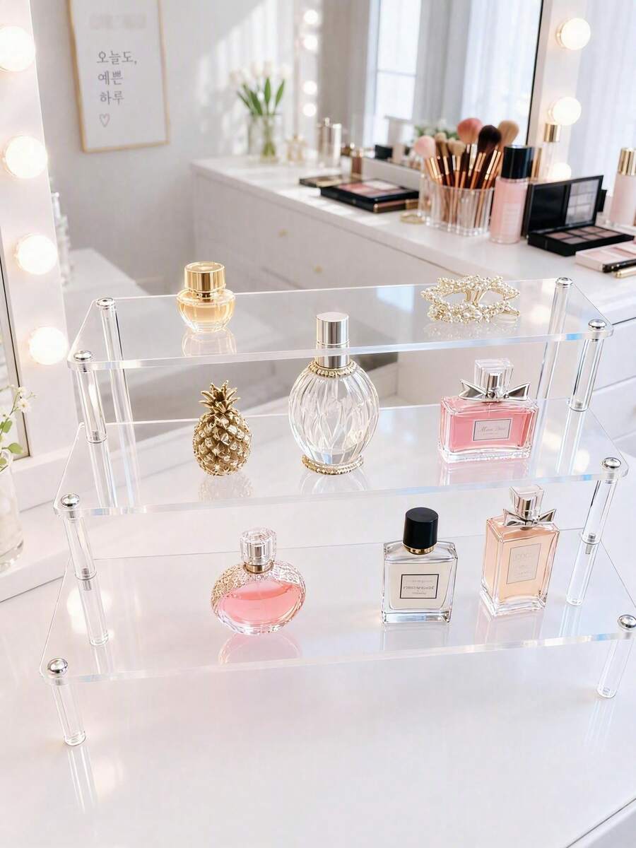 Haus Hana 1pc Acrylic Tiered Display Stand, 3-Tier Trapezoid Display Rack, Home Storage & Display Shelf For Jewelry, Cosmetics, Transparent Multi-Layer Storage Display Rack, Cake Stand, Perfume Stand - Clear - View 1