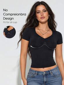 Women's Black Seamless Short Sleeve V-Neck T-Shirt, Shaping Top, Autumn Outfit - Black - View 2