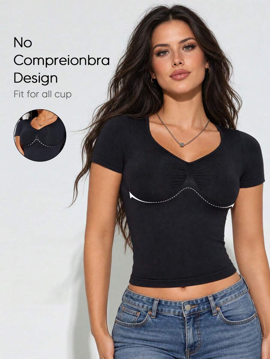 Women's Black Seamless Short Sleeve V-Neck T-Shirt, Shaping Top, Autumn Outfit