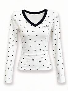 Women's Collegiate Style Star Print Long Sleeve V-Neck T-Shirt, Regular Fit Pure Cotton High Elasticity Top - White - View 6