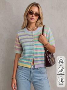 Nicenter Women's Fall Winter Multi Pink Green Casual Wool Blend Gradient Striped Round Neck Knit Cardigan Sweaters Tops Daily Fall Outfit - Multicolor - View 1