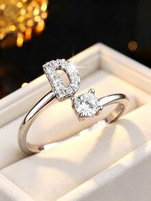 1pc 26-Letter Open Design Copper Zirconia Decorated Ring, Minimalist Style Versatile Index Finger Accessory For Women - Open Ring - View 3
