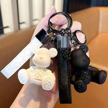 1pc/Set Bear Keychain, Women's Resin Material Key Chain, Holiday Keychain Pendant, Cartoon Exquisite Leather Rope Plaid Sitting Bear Creative Car Keychain Backpack Charm, Couple Small Gift, Perfect Gift For Mom, Girlfriend, Party, Birthday Party - Multicolor - View 4