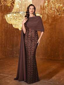 UNITHORSE Random Cut Round Neck Flared Waist Sequin Evening Gown Dress - Coffee Brown - View 3