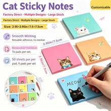 3pcs Cross-Border Cartoon Cat Sticky Notes, Memo Pad Stickers, Adhesive Removable Reusable - Random - View 1