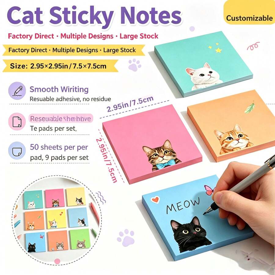 3pcs Cross-Border Cartoon Cat Sticky Notes, Memo Pad Stickers, Adhesive Removable Reusable - Random - View 1