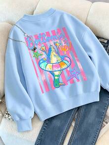 Sweatshirt Longgar untuk Anak Perempuan Ukuran Besar Musim Gugur/Dingin, Motif Bebek Lucu, Pelampung Renang, Huruf, Cetakan Dua Sisi, Atasan Kasual Nyaman untuk Kampus Sehari-hari - Baby Blue - View 3