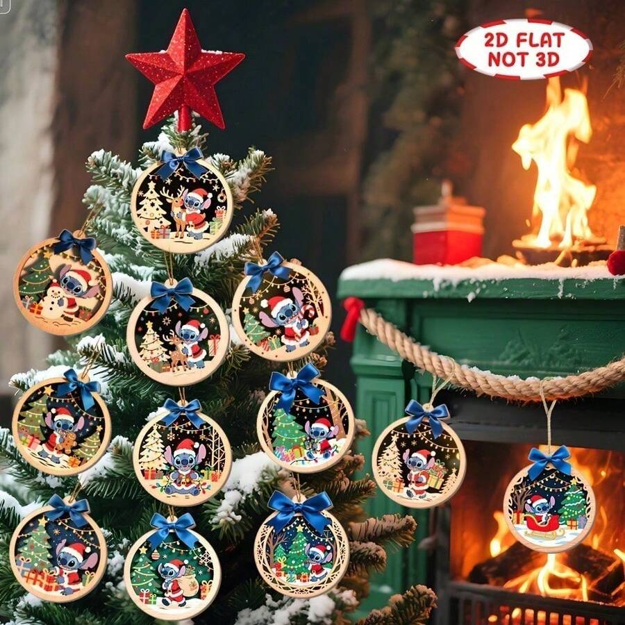 BUTTBILL Hot-Selling Recommended Stitch Theme Decorative Hanging Ornament, New Creative Christmas Decoration Wooden Stitch Pendant For Christmas Tree, Yard, Home, Party, Cute - Multicolor - View 1