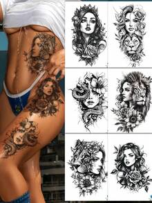 6PCS Black Creative Portrait Snake Lion Floral Pattern Party Gift DIY Holiday Gift Music Festival Temporary Waterproof Tattoo Stickers For Arm Shoulder Back Waist Abdomen Leg - Black - View 1