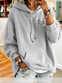 Women's Loose Grey Sweatshirt With Drawstring, Long Sleeve Knit Sweatshirt, Autumn Street Style - Grey - View 6