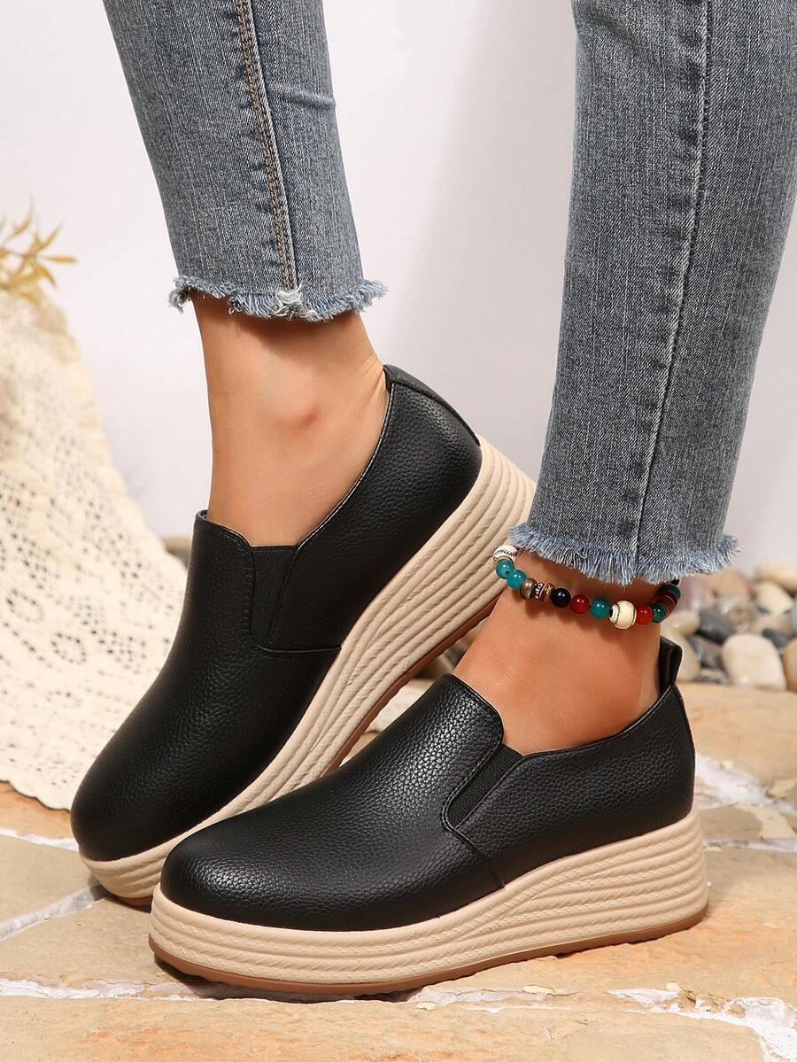 Women's Faux Rope Wedge Platform Round Toe Slip-On Loafers, Comfortable Daily Commute Home Shoes - Black - View 1