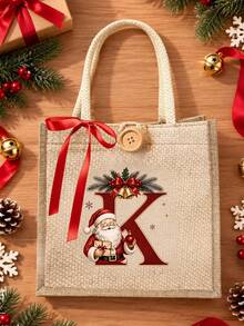 Initial And Name Christmas Canvas Gift Bag, 26 Initials, Custom Large Santa Claus Patterned Cloth Bag, Featuring A Red Bow Ribbon, Personalized Christmas Decoration Gift Party Favor - Multicolor - View 1