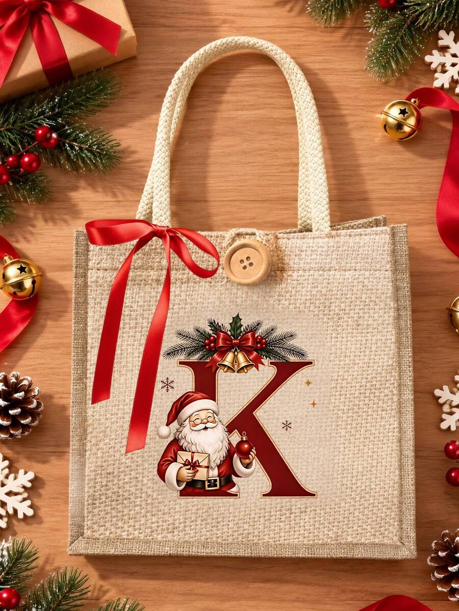 Initial And Name Christmas Canvas Gift Bag, 26 Initials, Custom Large Santa Claus Patterned Cloth Bag, Featuring A Red Bow Ribbon, Personalized Christmas Decoration Gift Party Favor - Multicolor - View 1