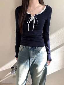 Women's Spring/Summer Patchwork Ruffle Front Tie Long Sleeve Casual T-Shirt - Navy Blue - View 1