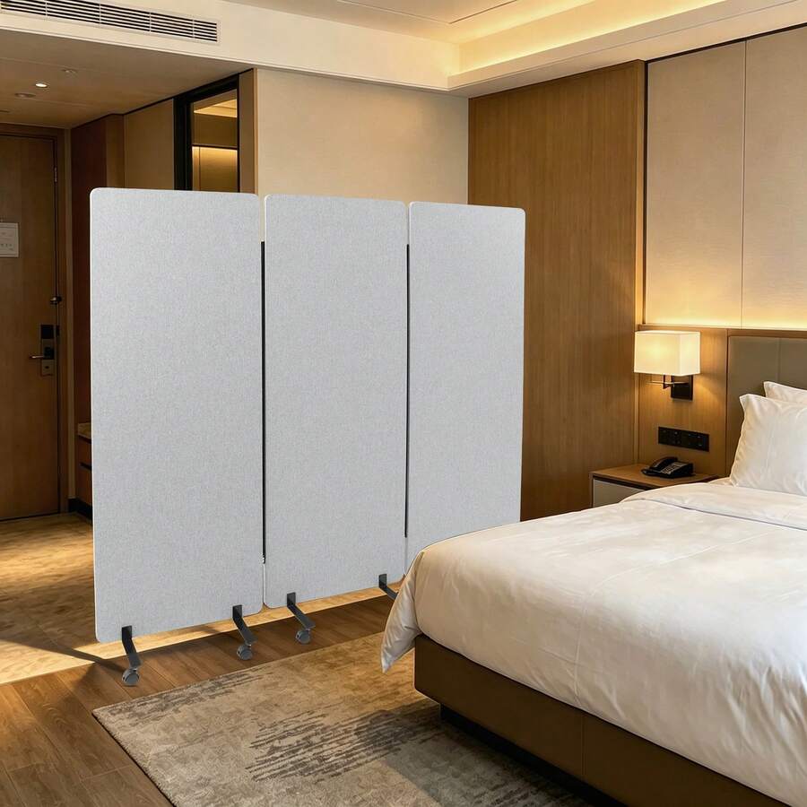 SENDERPICK 3-Panel Portable Office Divider For Room Partition Room Divider Sound-Repellent Privacy Panel With Wheels - Light Grey - View 1