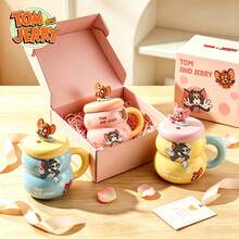 TOM AND JERRY. Cute Cartoon Gourd-Shaped Ceramic Coffee Mug With Lid, Gourd-Shaped Ceramic Cup With Lid, Home And Office Water Cup Gift - Multicolor - View 4