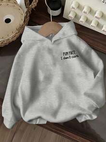 Tween Girl Fun Graphic Sweatshirt, "Interesting Fact, I Don't Care" Personalized Slogan Print Sweatshirt, Warm & Comfortable Fleece Lined Pullover Sweatshirt For Autumn/Winter. Suitable For Daily Wear, Street Style, Campus Wear - Grey - View 4