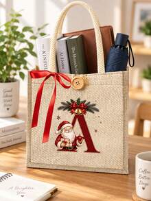 Initial And Name Christmas Canvas Gift Bag, 26 Initials, Custom Large Santa Claus Patterned Cloth Bag, Featuring A Red Bow Ribbon, Personalized Christmas Decoration Gift Party Favor - Multicolor - View 5