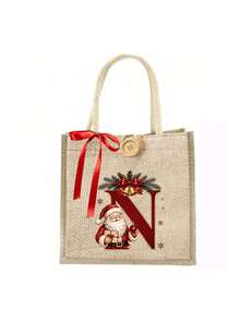 Initial And Name Christmas Canvas Gift Bag, 26 Initials, Custom Large Santa Claus Patterned Cloth Bag, Featuring A Red Bow Ribbon, Personalized Christmas Decoration Gift Party Favor - Multicolor - View 21