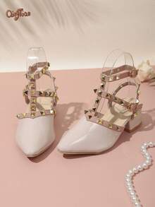 1 Pair Cream White Girls' Gold Rivet Decor Shiny PU Material Square Toe High-Top T-Strap Chunky Heel Cool Sandals Suitable For Summer Outfits, Parties, Banquets And Stage Performances 2026 New Style - Beige - View 3