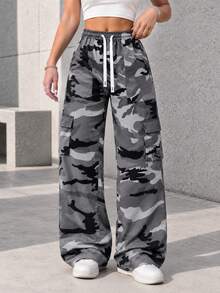 Gray Camo Cargo Pants For Women Elastic Drawstring Waist Side Flap Pockets Relaxed Wide Leg Casual Trousers. - Grey - View 2