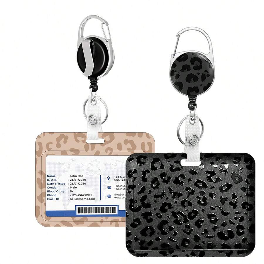 1 Set Leopard Print Retractable Badge Reel, Badge Holder With Key Ring, ID Card Holder, Work Badge Companion, Fashionable ID Card Protector, Suitable For Doctors, Teachers, Nurses, Men And Women Office - Leopard Print - View 1
