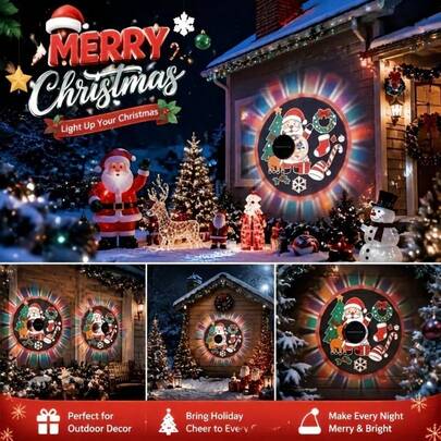 Christmas 1. Premium Outdoor Christmas Scene Decoration, Solar Powered Transparent Q-Version Santa Claus Mandala Projection Light. The Light Body Features A Transparent Circular Design, Projecting A Gorgeous Mandala Radial Colorful Light Effect, Paired With Classic Christmas Elements Like Q-Version Santa Claus, Reindeer, Christmas Tree, Wreath And Snowflakes. The Vibrant And Colorful Light Projection On Walls, Wooden Houses, And Fences Creates A Dreamy And Eye-Catching Atmosphere.