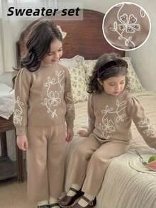 2pcs/Set 1pc Sweater Rajut Pullover Polos Elegan Motif Bunga Bordir untuk Anak Perempuan dan 1pc Celana Rajut Polos, Cocok untuk Pakaian Kasual Sehari-hari di Musim Semi, Gugur, dan Dingin - Coklat - View 2