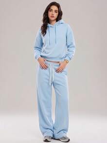 KyrLssu Women's Wide Leg Sweatpants, Elastic Waist Drawstring Casual Long Pants With Pockets - Blue - View 2