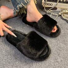 女款秋冬毛絨拖鞋，鬆弛感純色人造兔毛單帶一腳蹬涼拖，柔軟舒適百搭保暖，開趾防滑橡膠底 - 黑色 - 查看 4