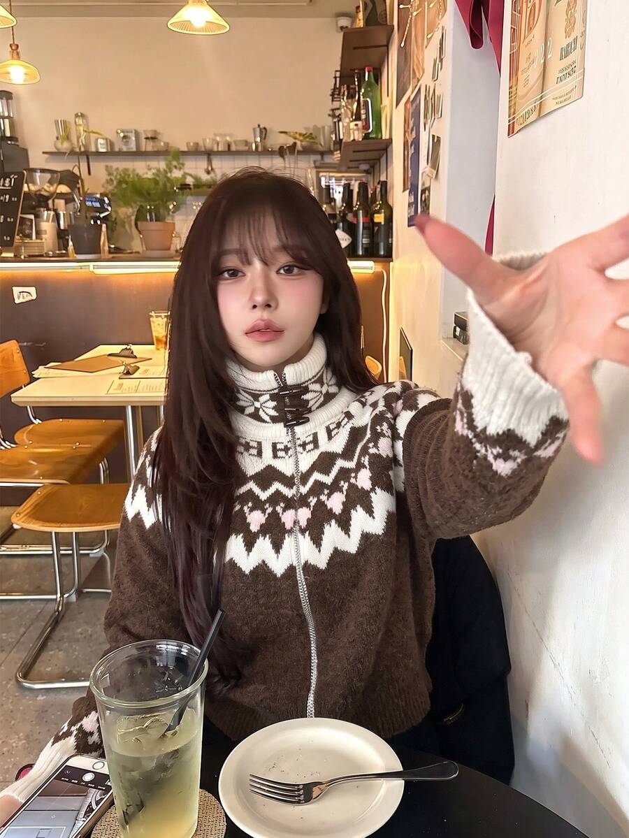 Vintage Fair Isle Zip Up Sweater Cardigan, Brown And White Geometric Knit, Turn-Down Collar, Long Sleeves, Soft Warm Fall Winter Layer - Multicolor - View 1