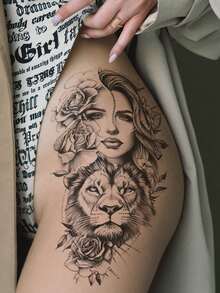 1pc Black Ins Style Portrait Lion Floral Pattern Party Gift DIY Holiday Gift Music Festival Temporary Waterproof Tattoo Sticker For Arm Waist Abdomen Leg - Black - View 2