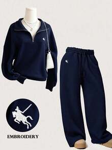 Youth Girl Cartoon Pattern Embroidered Half-Zip Stand Collar Sweatshirt And Pants - Royal Blue - View 1