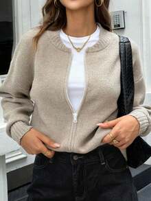 Plus Size Spring/Autumn New Solid Color Round Neck Zip-Up Knit Cardigan For Women, Loose Slouchy Korean Style Elegant Casual Top, Summer Top Fall - Apricot - View 2